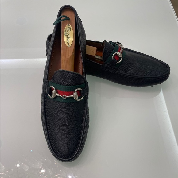 Gucci Damo Horsebit Web Silver Ribbon Black Leather Mens Loafer Shoes Size 9 US - Picture 1 of 9